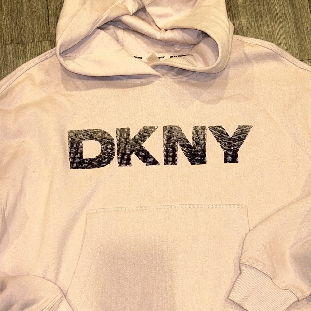 DKNY Sport Womens Sequin Logo Hoodie Pink Pullover Sweatshirt DP4T1031 XS NEW